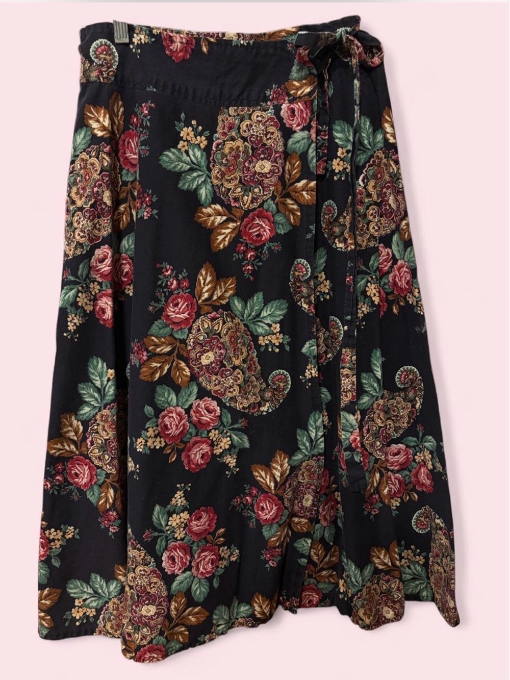 Vintage Floral Wrap Midi Skirt - Black with Rose Print